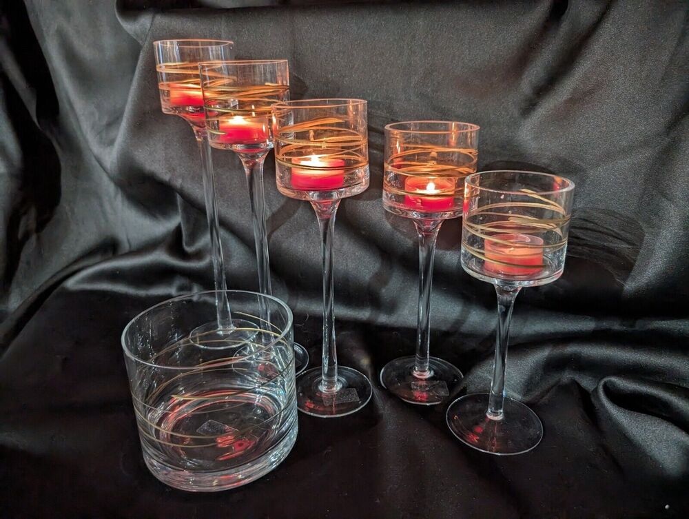 Mikasa Crystal Tealight Candle Holders Graduating Height Set 6 Gold Accents